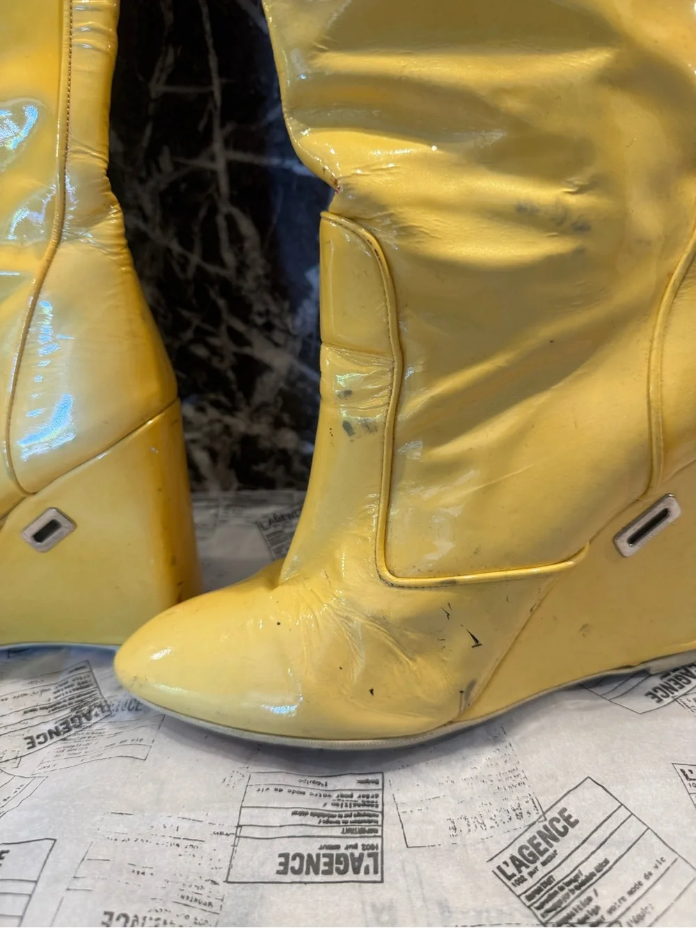 Louis Vuitton Women's Yellow Patent Wedge Knee-High Boots - Picture 3 of 5